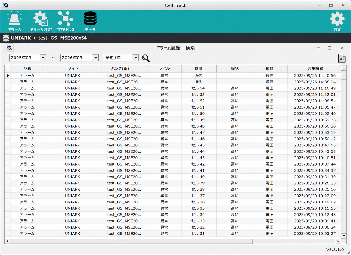 CellTrack アラーム履歴画面